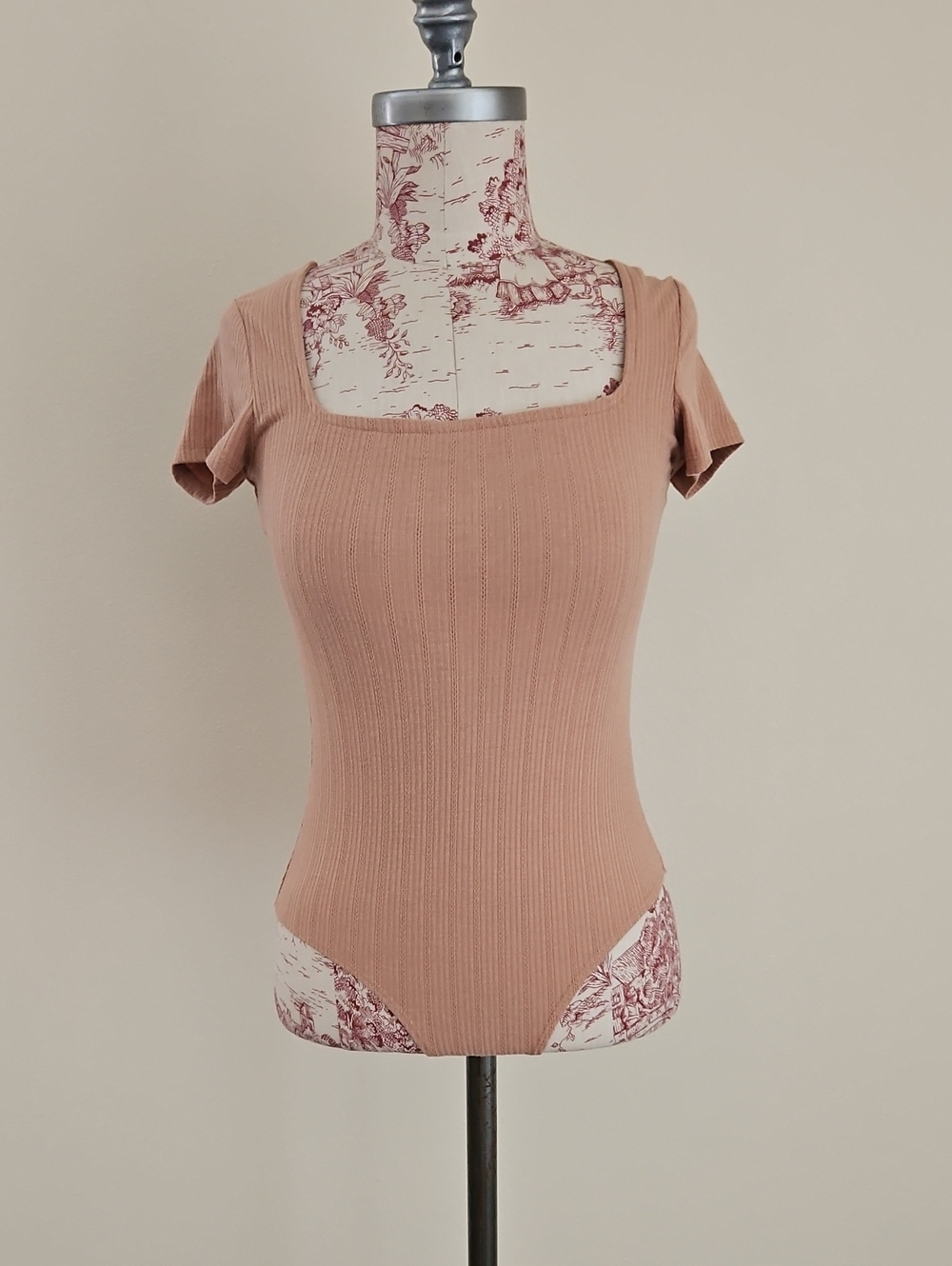 Selfie Square Neck Ribbed Bodysuit, Dusty Rose, Small